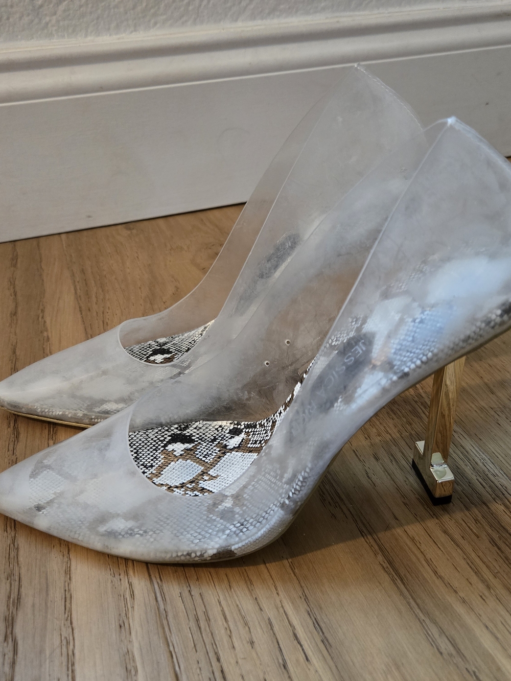Clear Pointed-Toe Pumps with Gold Block Heel - Women's Shoes